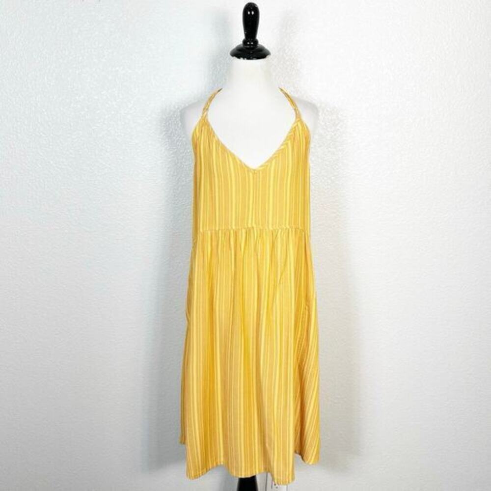 Prana Women’s Beachy Boho Fernie Open Back Swing Dress Pockets Gold Stripe Small